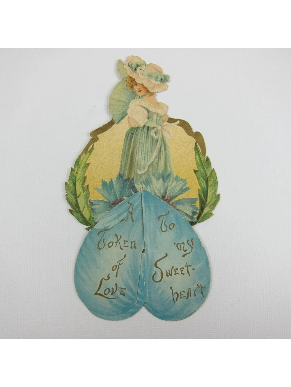 Antique Valentine Card Die Cut Stand Up Girl Hat Fan Blue Dress Flowers UNSIGNED